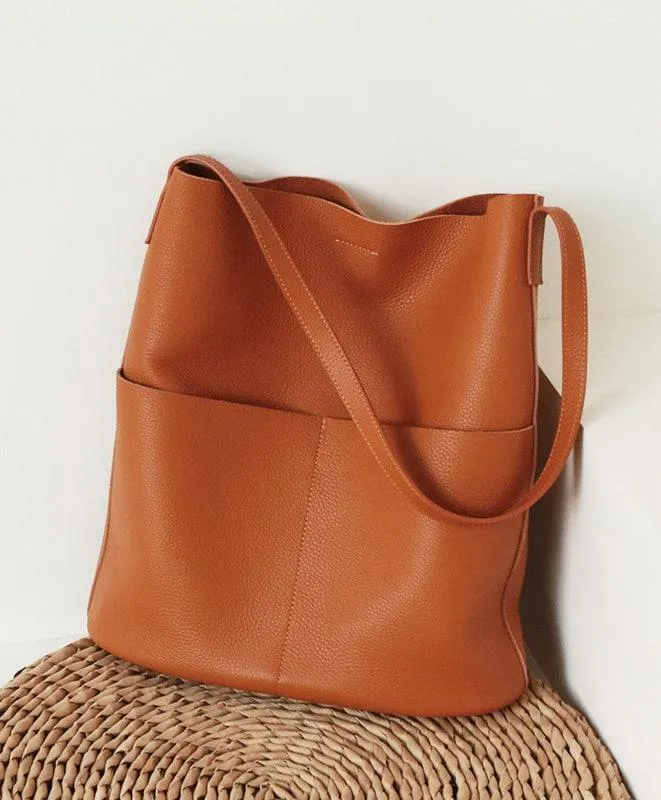 Oak Cowhide Leather Tote Bag ?? Women Handcrafted Soft Leather Bucket Bag ?? Minimalist Tote, Two Front Pockets Bag??Cloud Oslo Laptop Bag