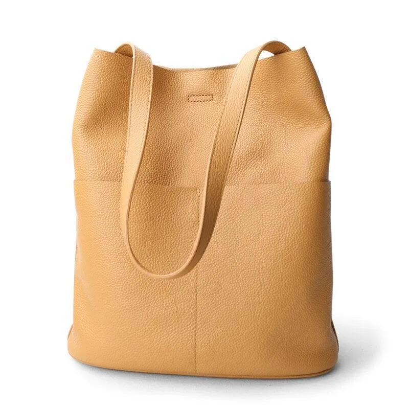 Oak Cowhide Leather Tote Bag ?? Women Handcrafted Soft Leather Bucket Bag ?? Minimalist Tote, Two Front Pockets Bag??Cloud Oslo Laptop Bag