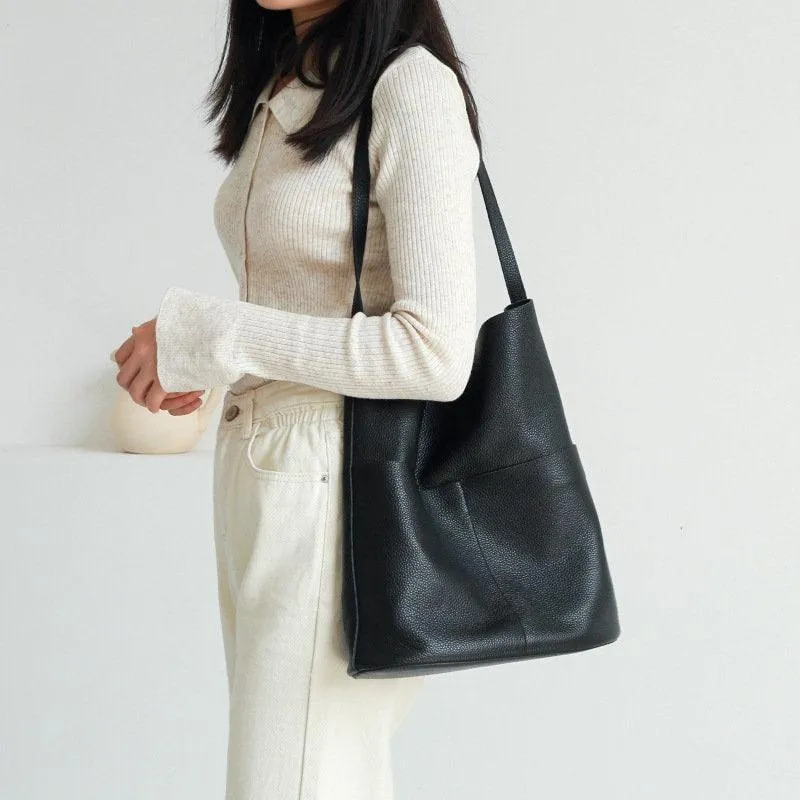 Oak Cowhide Leather Tote Bag ?? Women Handcrafted Soft Leather Bucket Bag ?? Minimalist Tote, Two Front Pockets Bag??Cloud Oslo Laptop Bag