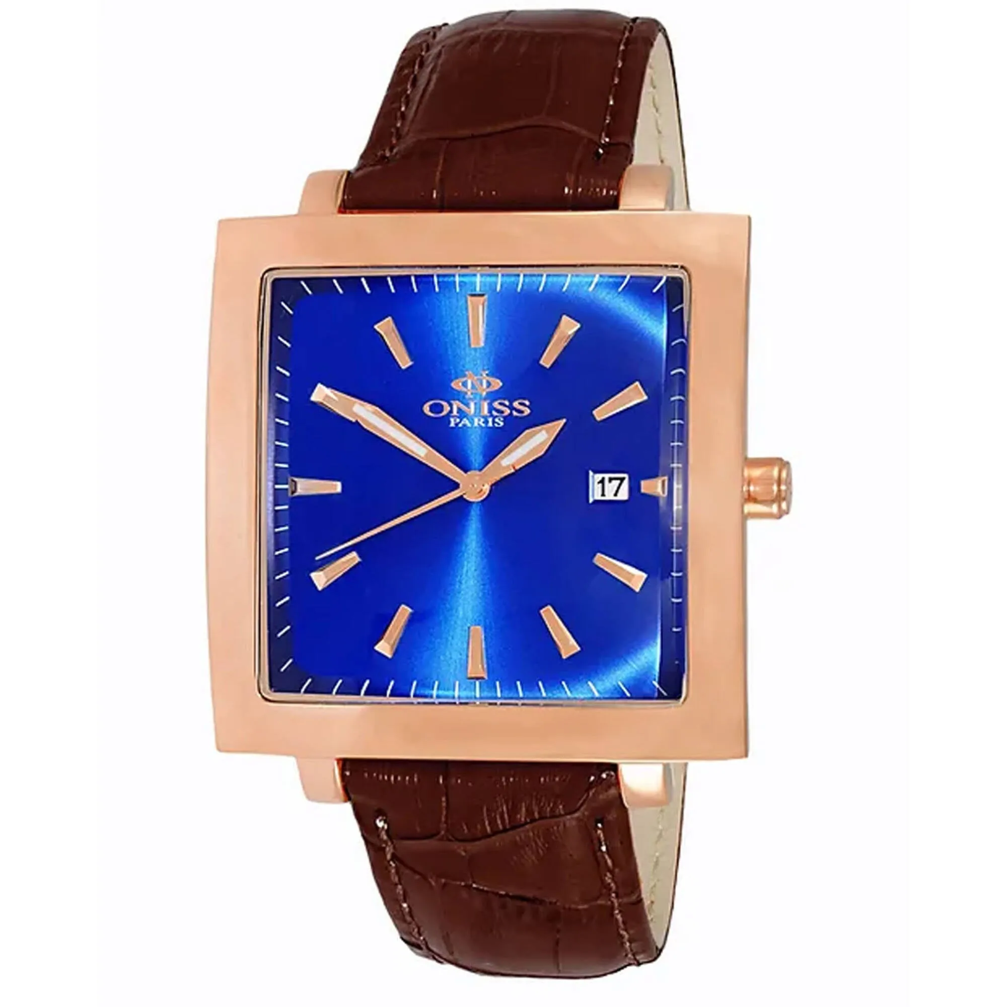 Oniss Men's Watch - Quad Rose Gold Case Blue Dial Leather Strap | ON4444-MRGBU 