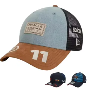 Oracle Red Bull 11 Racing Trucker Cap boater hat with bow in beach sunlight