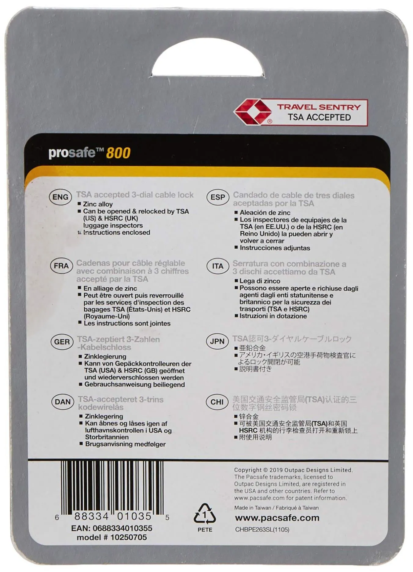 Pacsafe Prosafe 800 Câble à Combinaison Cadenas à Sacs Pacsafe