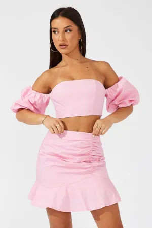Pink Mini Skirt Ruched Detail Ruffle Hem,skirt,denim skirt,mini skirt,maxi skirt,jean skirt,skort,tennis skirt,pleated skirt,pencil skirt,bubble skirt,plisse skirt,fitted skirt,midi skirt,short skirt,short mini skirt,leather skirt,a line skirt,Split skirt