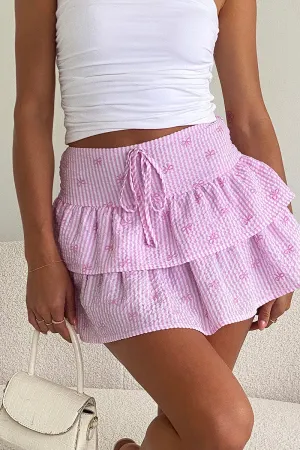 Pink Stripe Ruffle Mini Skirt High Rise Shirred Back Tiered,skirt,denim skirt,mini skirt,maxi skirt,jean skirt,skort,tennis skirt,pleated skirt,pencil skirt,bubble skirt,plisse skirt,fitted skirt,midi skirt,short skirt,short mini skirt,leather skirt,a line