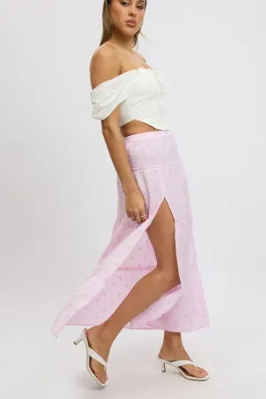 Pink Stripe Tiered Maxi Skirt Elastic Waist Slit Ruffle,skirt,denim skirt,mini skirt,maxi skirt,jean skirt,skort,tennis skirt,pleated skirt,pencil skirt,bubble skirt,plisse skirt,fitted skirt,midi skirt,short skirt,short mini skirt,leather skirt,a line ski