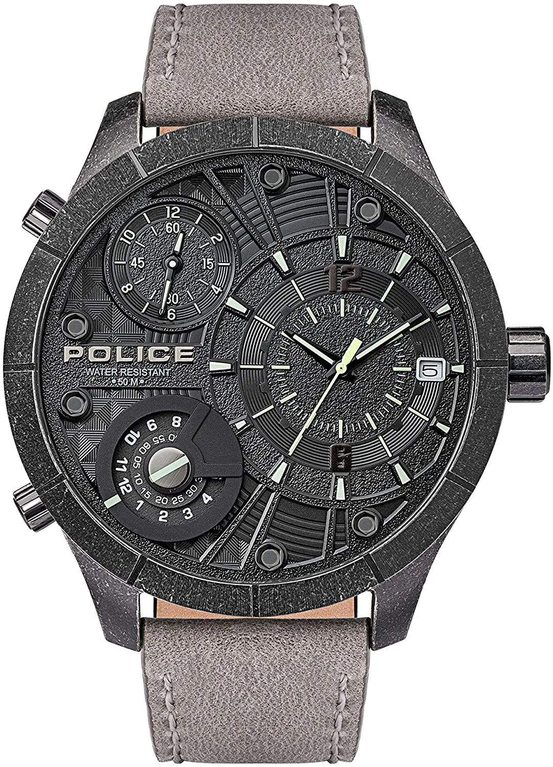 Police Bushmaster Black Dial Grey Leather Strap Watch PL.15662XSQS/02 