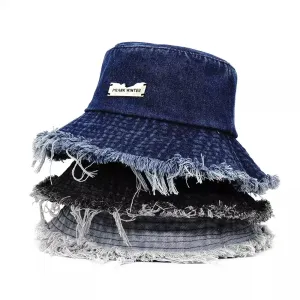 Prank Winter Denim Bucket Hat boater hat with bow in beach sunlight