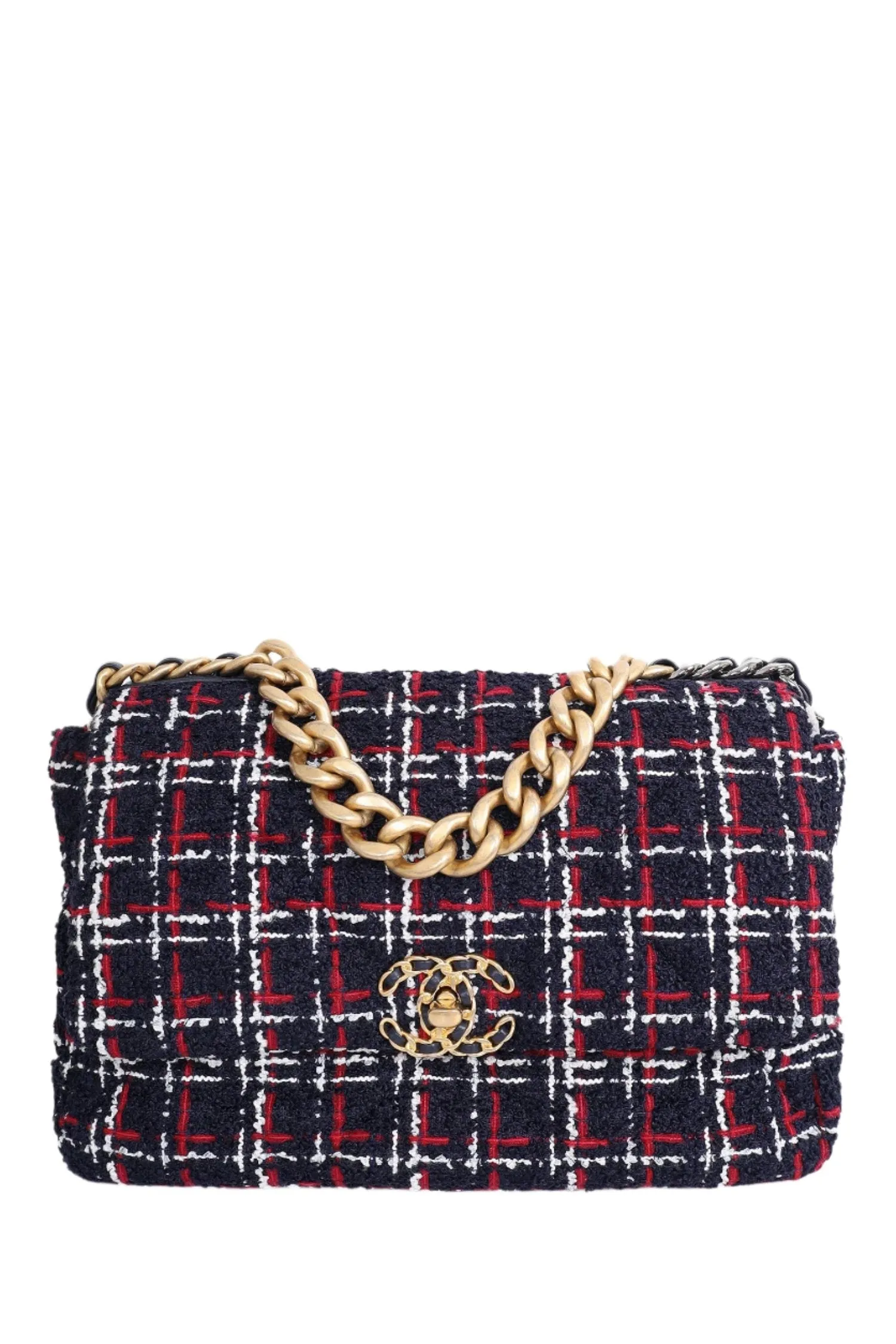 Pre-Loved Chanel? 2019 Navy/Red Tweed Chanel 19 Crossbody Bag