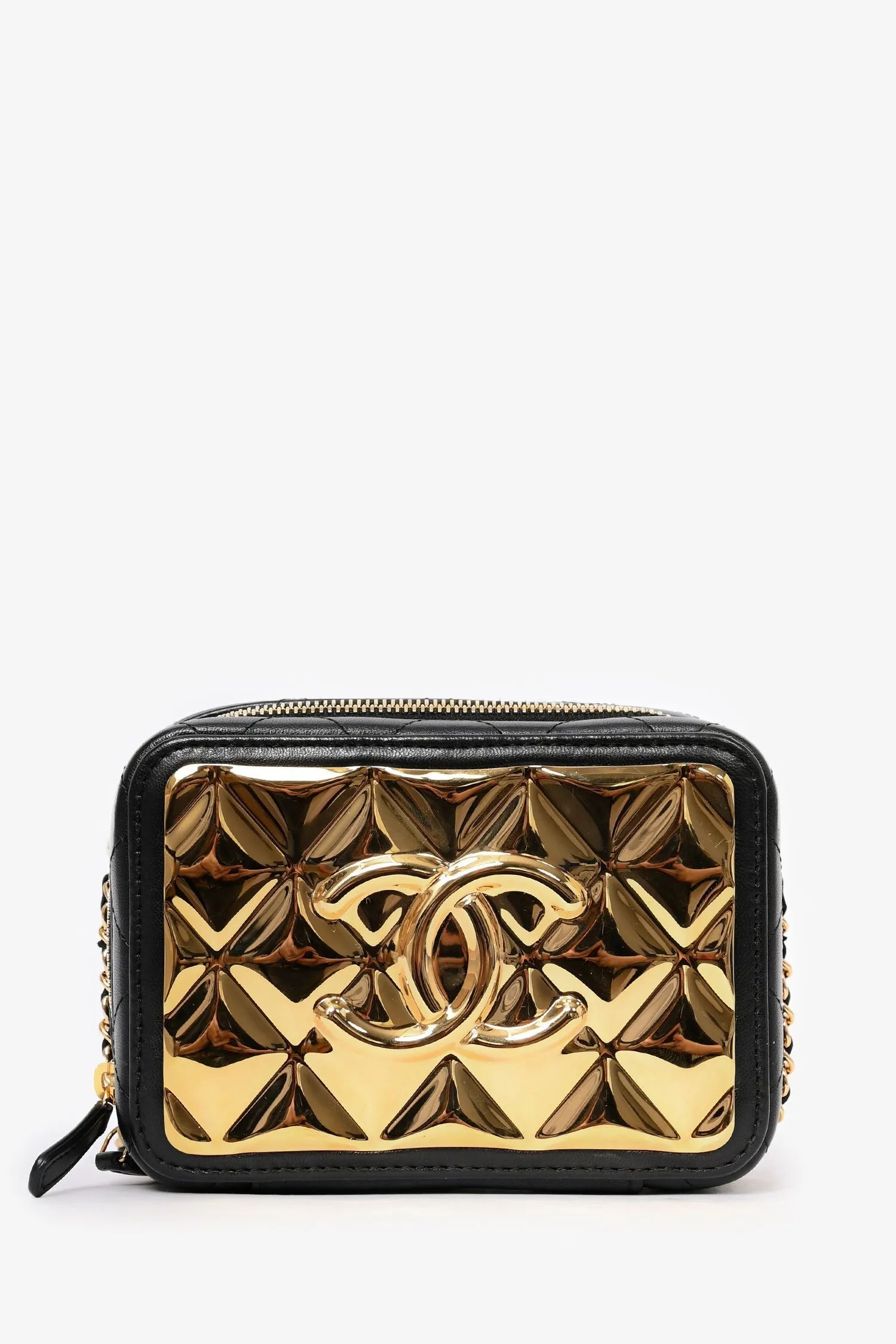 Pre-Loved Chanel? 2021 Black Leather Gold CC Plate Mini Vanity Crossbody