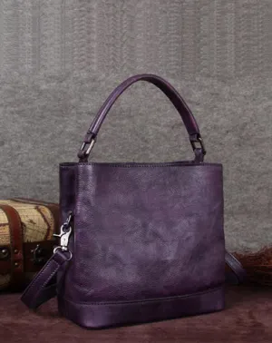 Purple Genuine Leather Womens Bucket Handbags Barrel Shoulder Bag Purses for Ladies cheap online