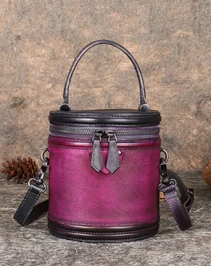Purple Leather Womens Bucket Handbag Barrel Shoulder Bag Crossbody Purse for Ladies cheap online