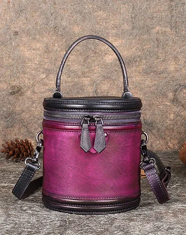 Purple Leather Womens Bucket Handbag Barrel Shoulder Bag Crossbody Purse for Ladies cheap online