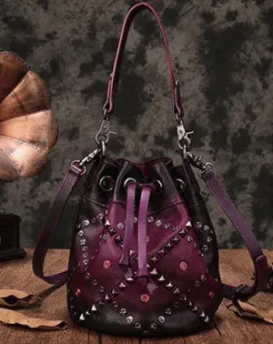 Purple Leather Womens Bucket Handbag Shoulder Bag Studded Western Leather Shoulder Barrel Bag Purse cheap online