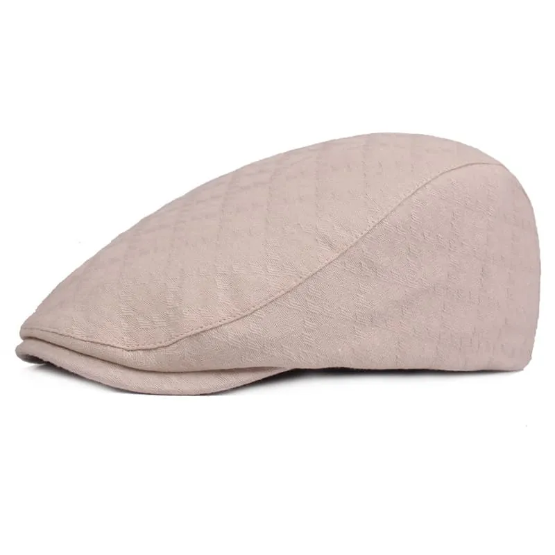 Q&B Cabbie Cotton Flat Cap boater hat with bow in beach sunlight