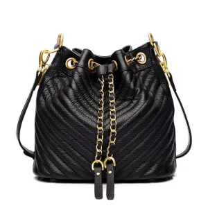 Quilted Leather Bucket Bag, Calf Leather Drawstring Fastening Shoulder Bag, Classic Wide Strap Shoulder Purse, Multiple Carry Leather Bag bucket bags for sale
