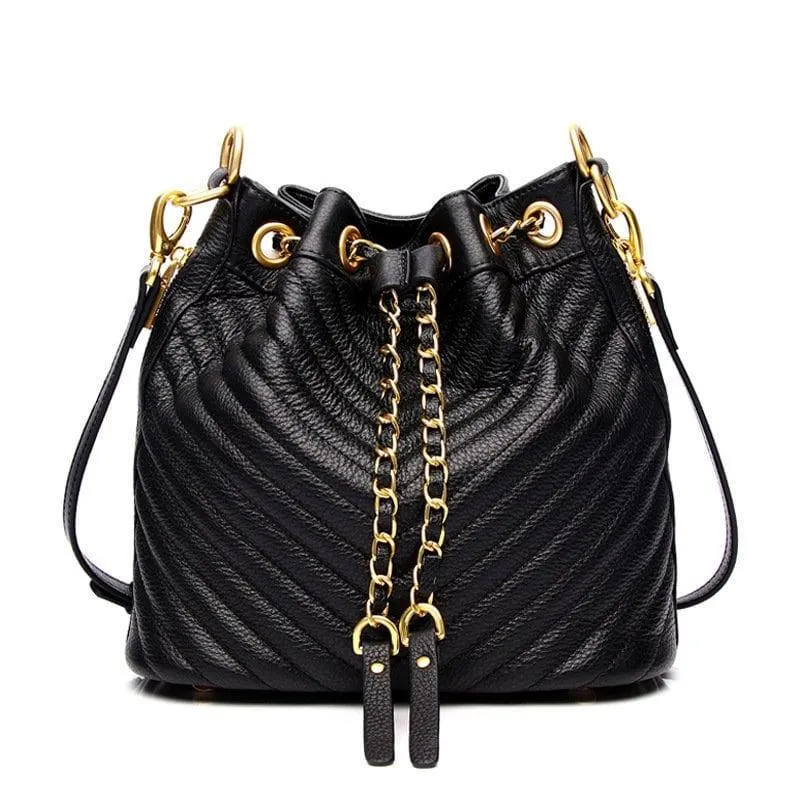 Quilted Leather Bucket Bag, Calf Leather Drawstring Fastening Shoulder Bag, Classic Wide Strap Shoulder Purse, Multiple Carry Leather Bag bucket bags for sale
