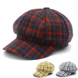 Quincey Tartan Wool Newsboy Cap boater hat with bow in beach sunlight