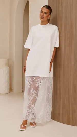 Raina T-Shirt Maxi Dress - White Lace,prom dresses,wedding guest dresses,homecoming dresses,bridesmaid dresses,cocktail dresses,women clothing,summer dresses,formal dresses,sundresses,mother of the bride dresses,quince clothing,bodycon dress,dress casual,d