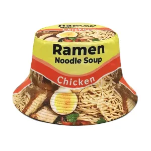 Ramen Noodle Soup Reversible Bucket Hat boater hat with bow in beach sunlight