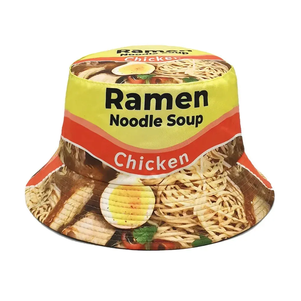 Ramen Noodle Soup Reversible Bucket Hat boater hat with bow in beach sunlight