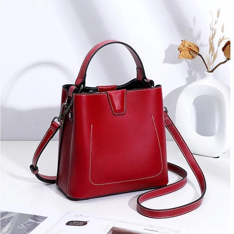 Real Genuine Leather Square bucket bag, Leather Small Crossbody Purse, Women's Shoulder Bag, Women Fashion Bag, Mother's Day Gift
