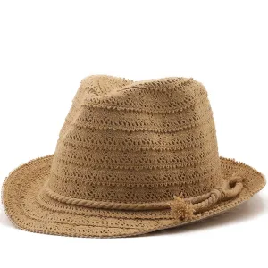Recife Beach Embroidery Trilby Hat boater hat with bow in beach sunlight