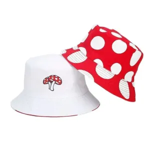 Red & White Mushroom Reversible Bucket Hat boater hat with bow in beach sunlight
