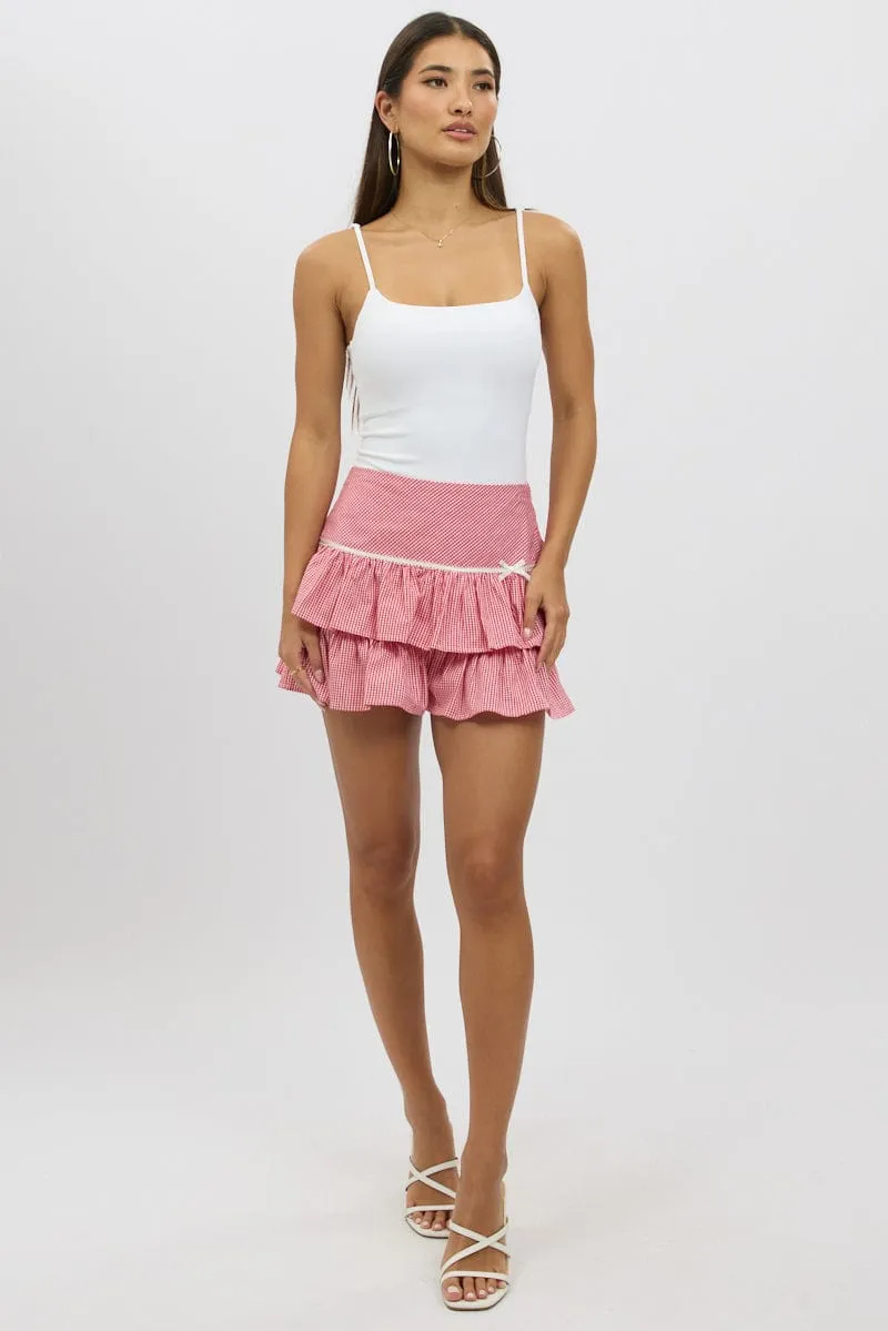 Red Check Skort Skirt Frilled Hem,skirt,denim skirt,mini skirt,maxi skirt,jean skirt,skort,tennis skirt,pleated skirt,pencil skirt,bubble skirt,plisse skirt,fitted skirt,midi skirt,short skirt,short mini skirt,leather skirt,a line skirt