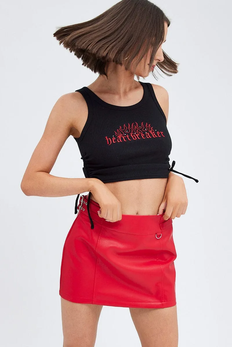 Red Faux Leather Skirt Mid Rise Mini Buckle Detail,skirt,denim skirt,mini skirt,maxi skirt,jean skirt,skort,tennis skirt,pleated skirt,pencil skirt,bubble skirt,plisse skirt,fitted skirt,midi skirt,short skirt,short mini skirt,leather skirt,a line skirt,Sp