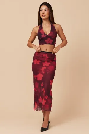 Red Floral Mesh Skirt Elasticated Lace Trim Midaxi,skirt,denim skirt,mini skirt,maxi skirt,jean skirt,skort,tennis skirt,pleated skirt,pencil skirt,bubble skirt,plisse skirt,fitted skirt,midi skirt,short skirt,short mini skirt,leather skirt,a line skirt