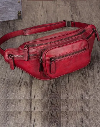 Red Leather Womens Fanny Pack Hip Belt Bags Brown Waist Bag Hip Bag Bum Bag for Women Red