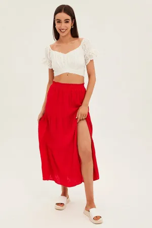 Red Maxi Skirt High Waist Split Tiered,skirt,denim skirt,mini skirt,maxi skirt,jean skirt,skort,tennis skirt,pleated skirt,pencil skirt,bubble skirt,plisse skirt,fitted skirt,midi skirt,short skirt,short mini skirt,leather skirt,a line skirt,Split skirt