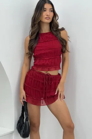 Red Mini Skirt Mid Rise Shirred Detail Lined Bloomers,skirt,denim skirt,mini skirt,maxi skirt,jean skirt,skort,tennis skirt,pleated skirt,pencil skirt,bubble skirt,plisse skirt,fitted skirt,midi skirt,short skirt,short mini skirt,leather skirt,a line skirt