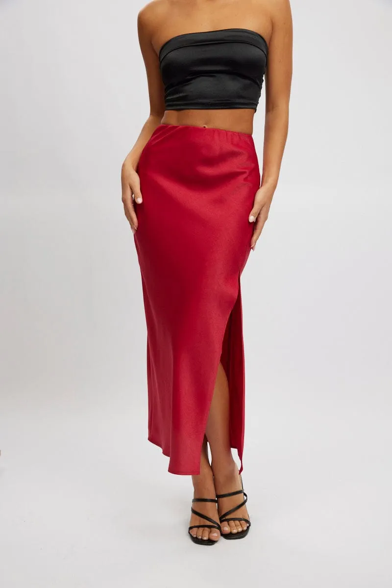 Red Slip Skirt High Waist Front Split Midaxi Satin,skirt,denim skirt,mini skirt,maxi skirt,jean skirt,skort,tennis skirt,pleated skirt,pencil skirt,bubble skirt,plisse skirt,fitted skirt,midi skirt,short skirt,short mini skirt,leather skirt,a line skirt