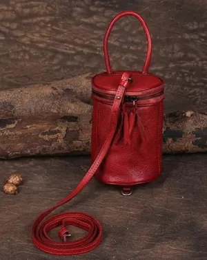 Red Womens Leather Bucket Handbag Womens Barrel Purse Small Brown Bucket Shoulder Purse cheap online