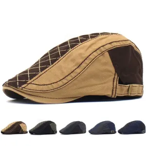 Rhombuses Patchwork Flat Cap boater hat with bow in beach sunlight
