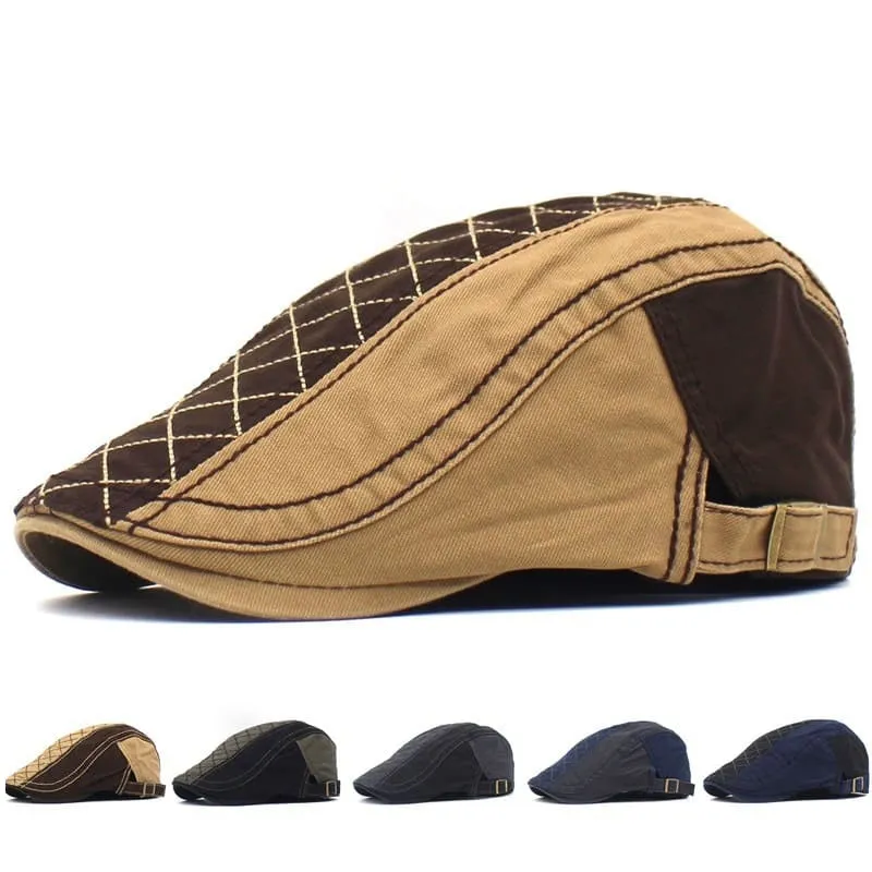 Rhombuses Patchwork Flat Cap boater hat with bow in beach sunlight