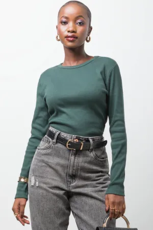 Rib Long Sleeve T-Shirt Green,women t-shirt cotton,women t-shirt top,boutique women's clothing