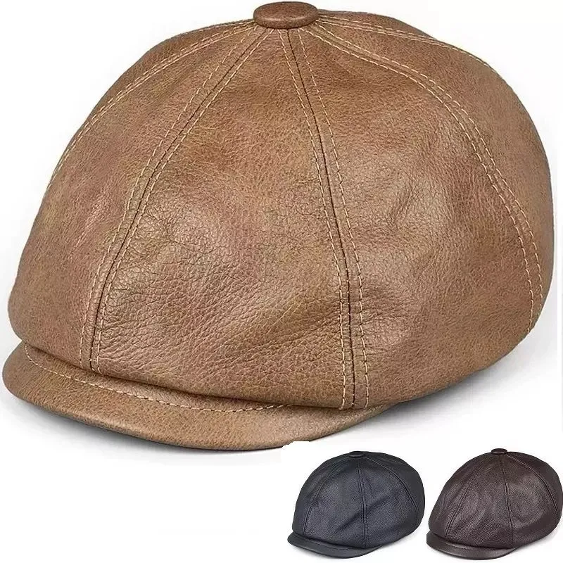 Rivette Genuine Leather Newsboy Cap boater hat with bow in beach sunlight