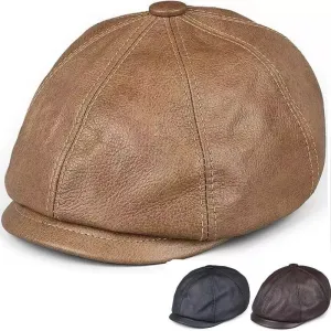 Rivette Genuine Leather Newsboy Cap boater hat with bow in beach sunlight