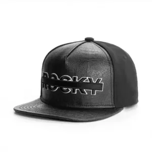 ROCKY Black Leather Snapback Cap boater hat with bow in beach sunlight