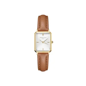 Rosefield Octagon XS White Gold  Light Brown Leather Watch OWBLG-O85 
