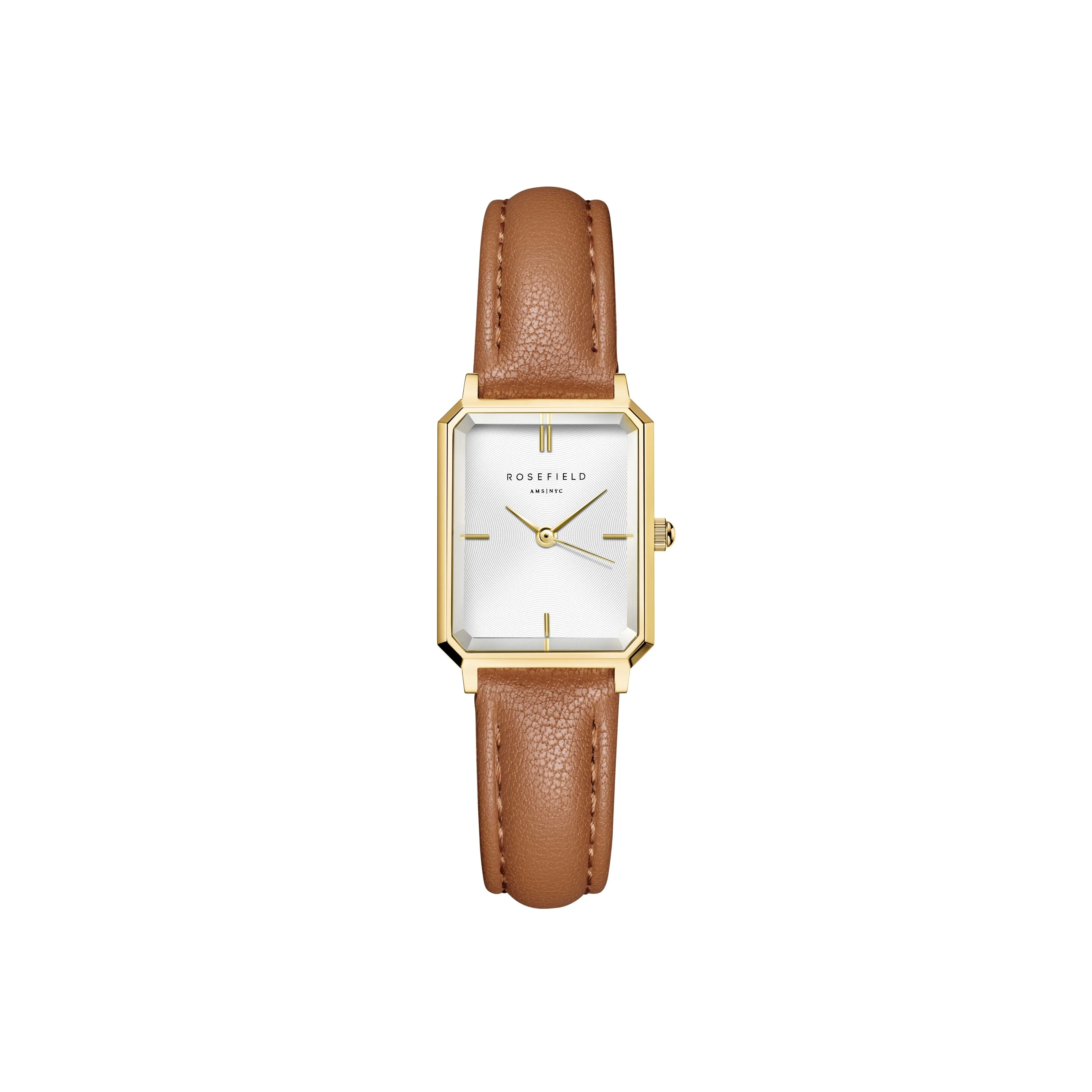 Rosefield Octagon XS White Gold  Light Brown Leather Watch OWBLG-O85 