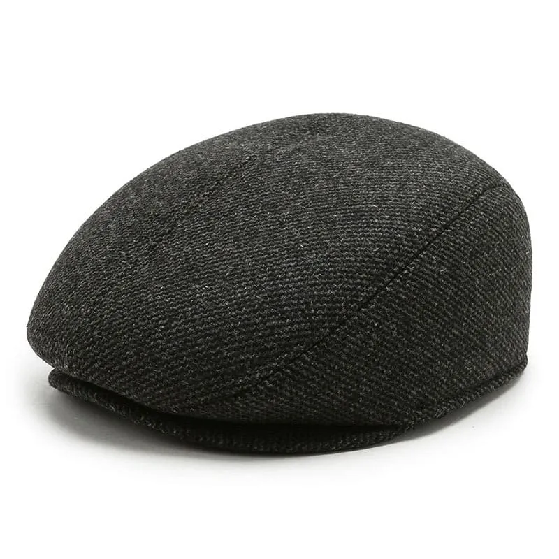 RQL Earflaps Wool Flat Cap boater hat with bow in beach sunlight