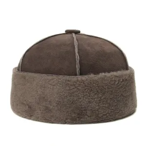 Russian Wool Lined Genuine Leather Docker Cap boater hat with bow in beach sunlight