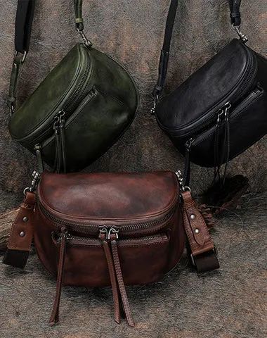 Saddle Leather Womens Shoulder Bag Fanny Pack Handmade Saddle Crossbody Purse for Ladies Black Gray