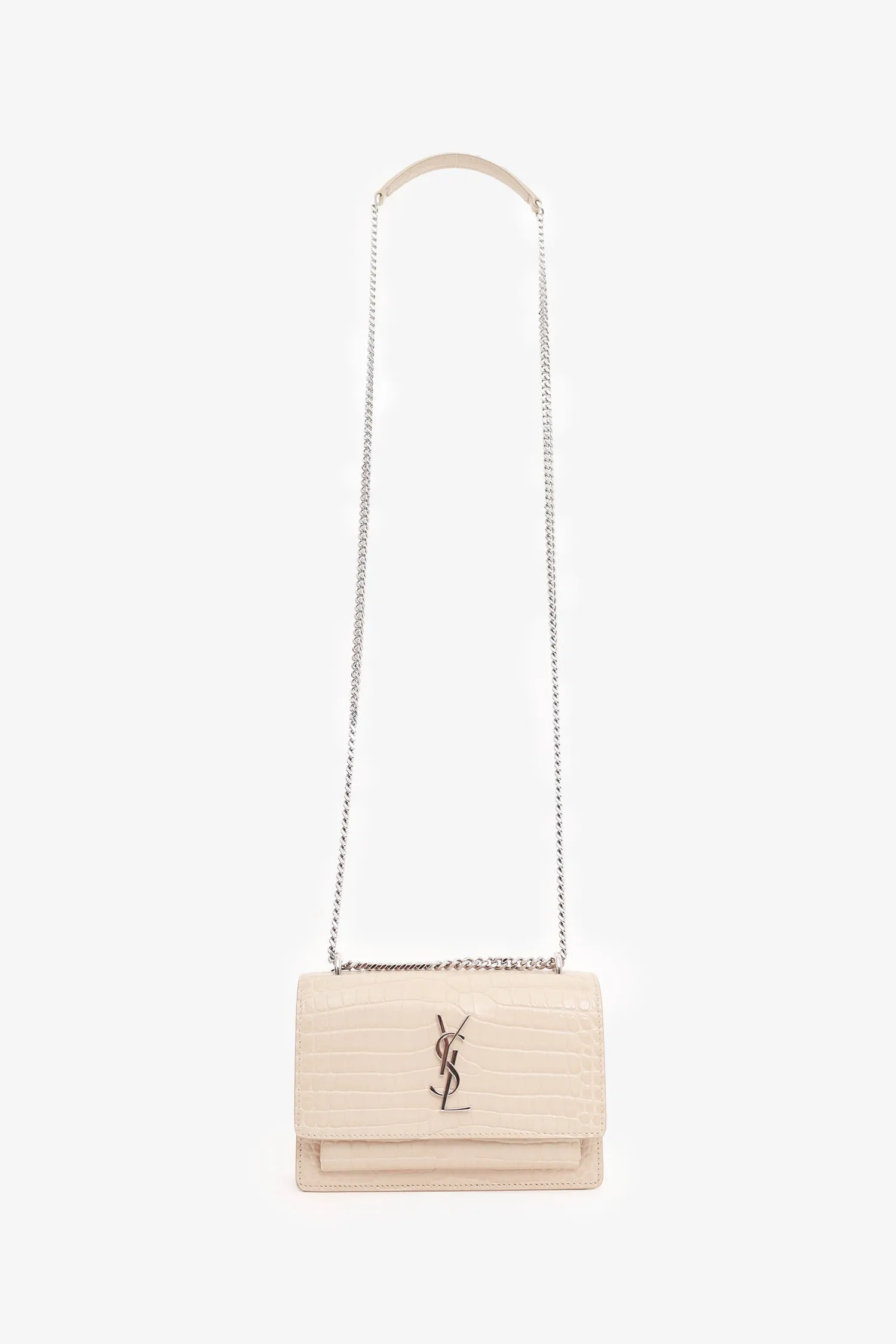 Saint Laurent Beige Croc Embossed Leather 'Sunset' Mini Crossbody Bag