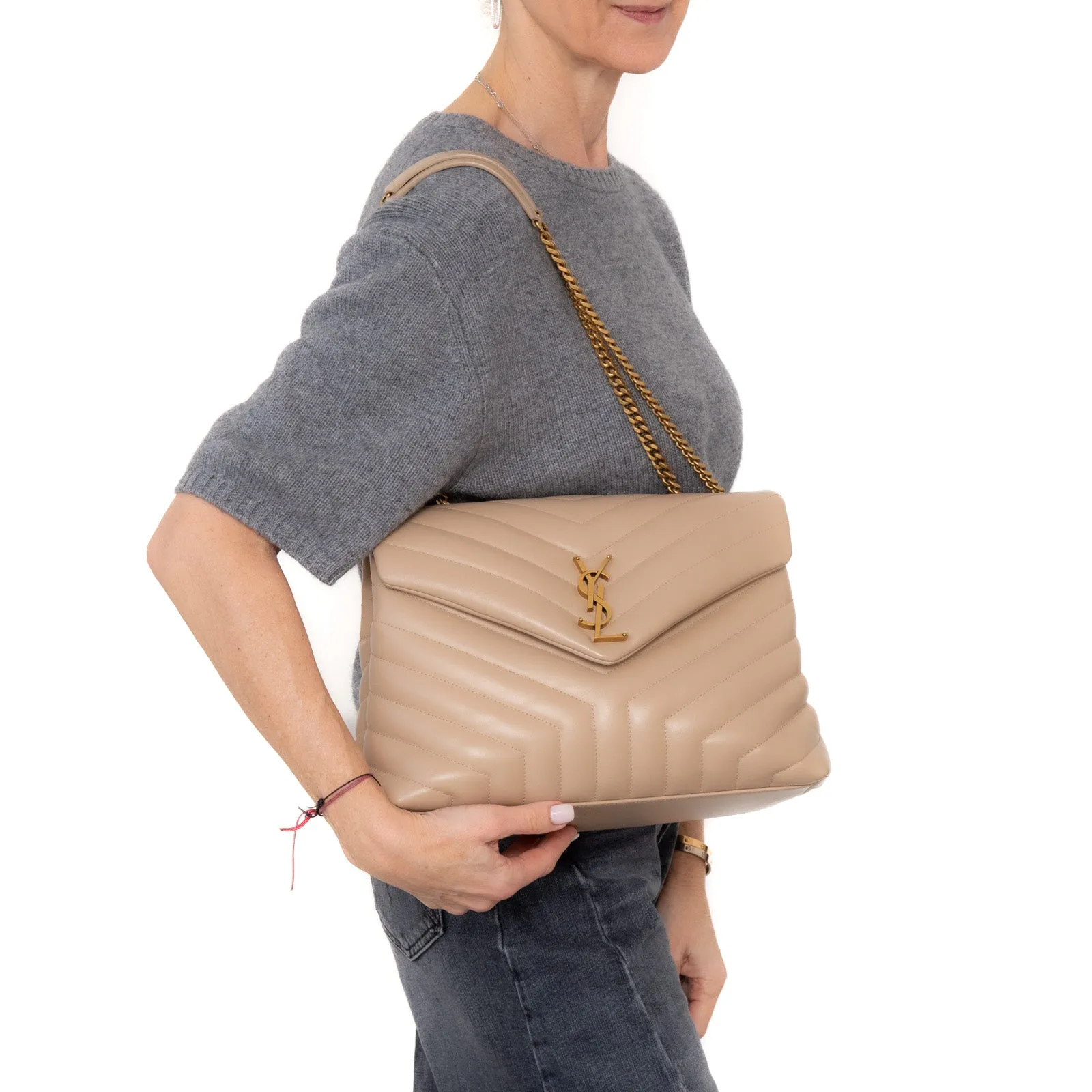 Saint Laurent  Loulou Medium Quilted Beige Leather Shoulder Bag