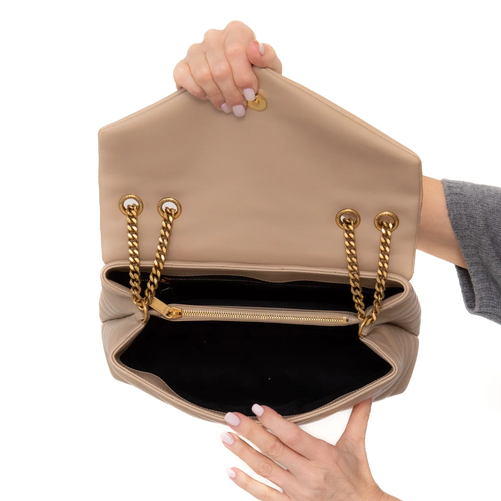 Saint Laurent  Loulou Medium Quilted Beige Leather Shoulder Bag