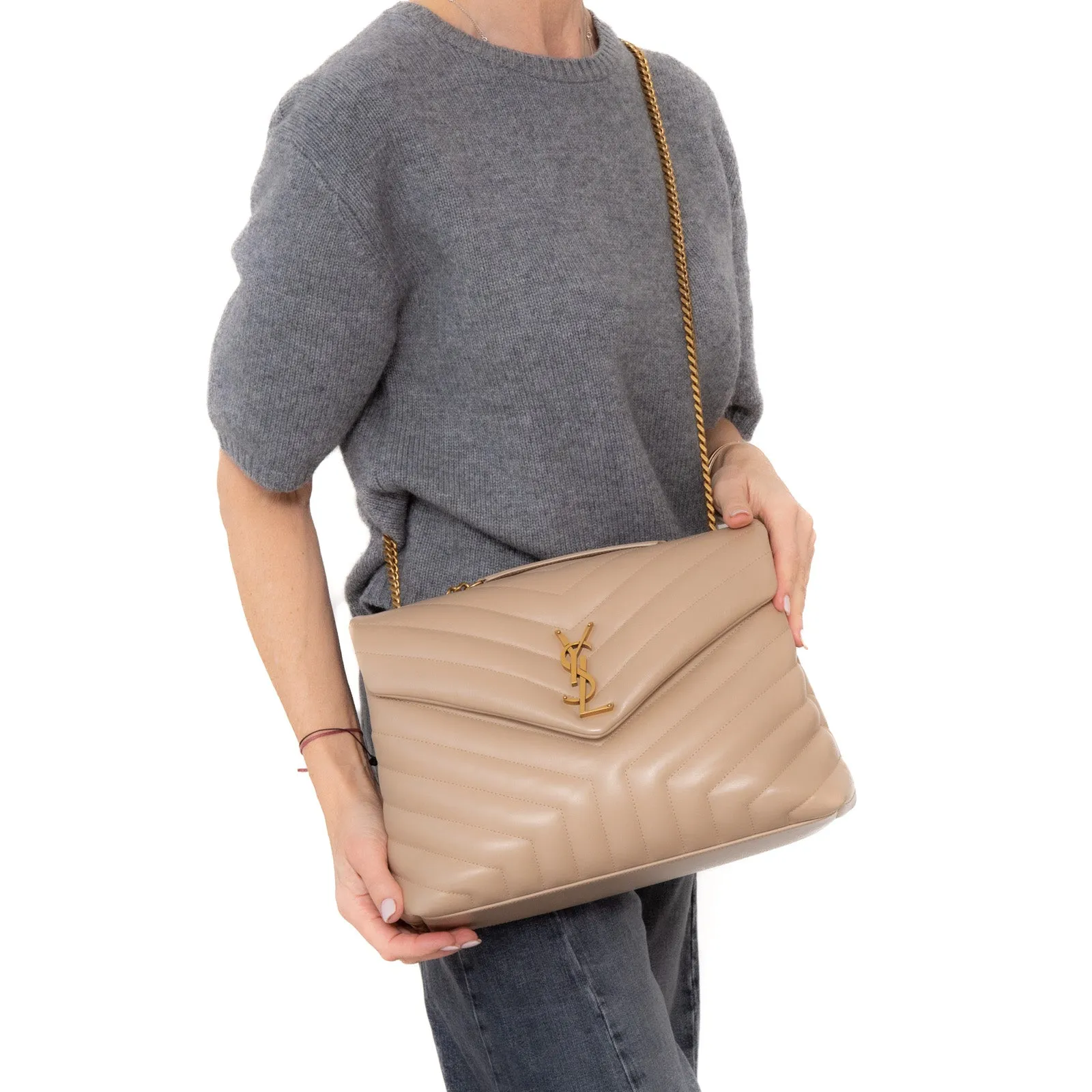 Saint Laurent  Loulou Medium Quilted Beige Leather Shoulder Bag